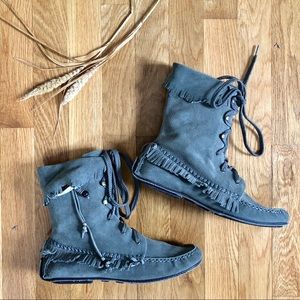 Genuine Leather Moccasin Booties Grey Suede | NWOT
